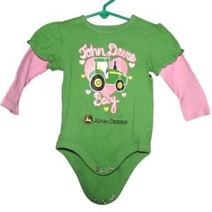 JOHN DEERE girls 9-12m baby infant 100% cotton green & pink long sleeve onesie